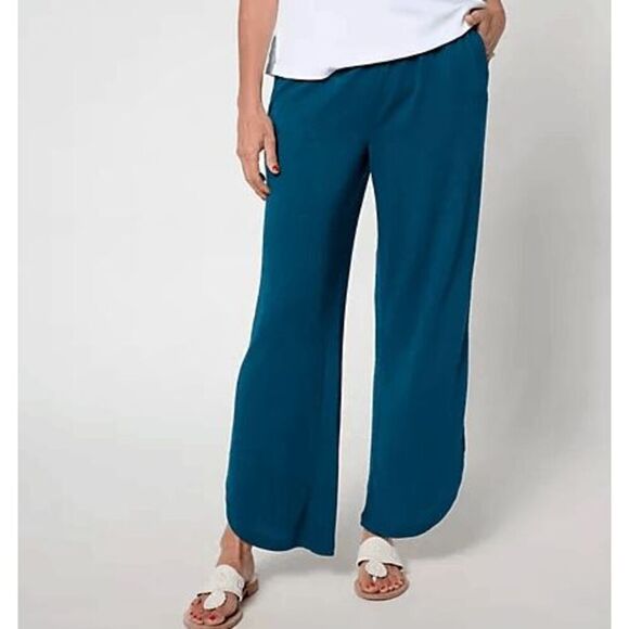 Denim & Co XS Petite Beach Knit Gauze Ankle Pants Peacock Blue Pockets NWT) - Picture 2 of 4